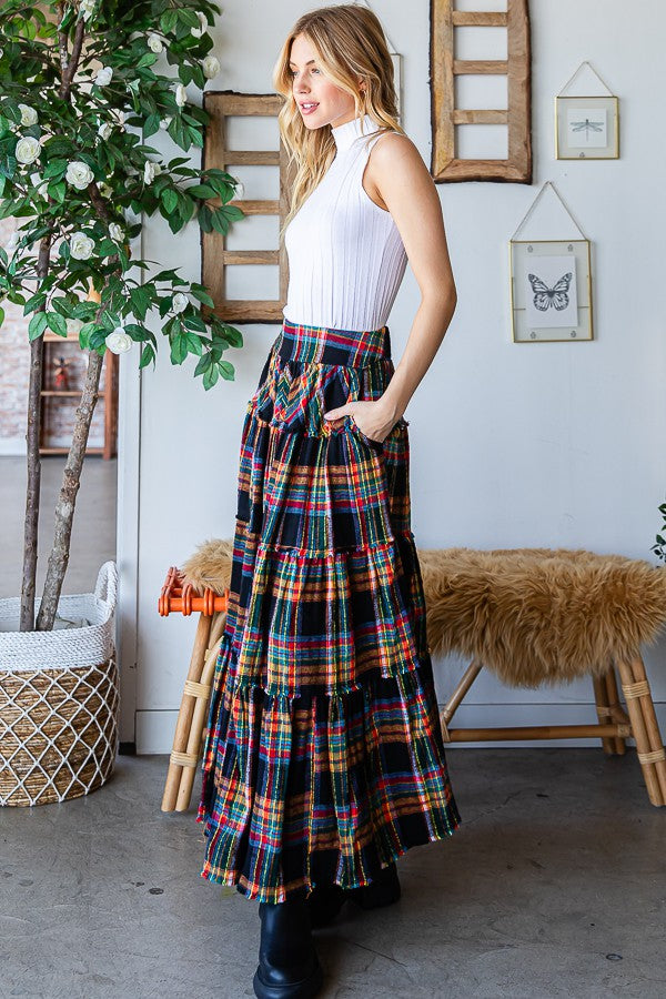 Mineral Washed Plaid Tiered Maxi Skirt