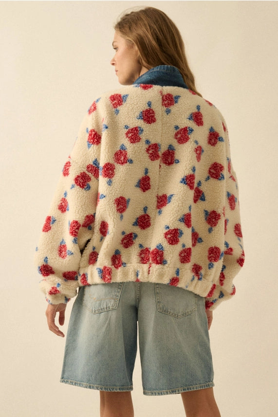 Floral Fleece and Denim Half-Zip Pullover