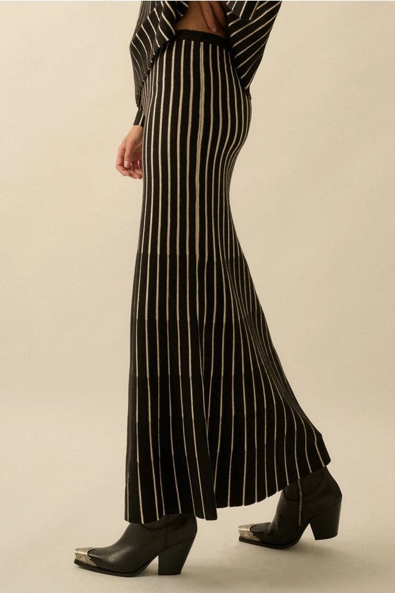 Striped Ribbed Knit Mermaid Maxi Skirt
