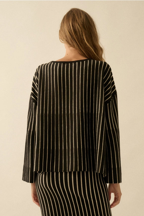 Striped Ribbed Knit Rolled-Edge Boatneck Sweater