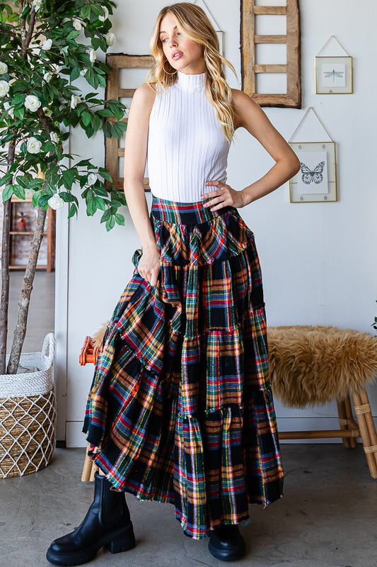 Mineral Washed Plaid Tiered Maxi Skirt