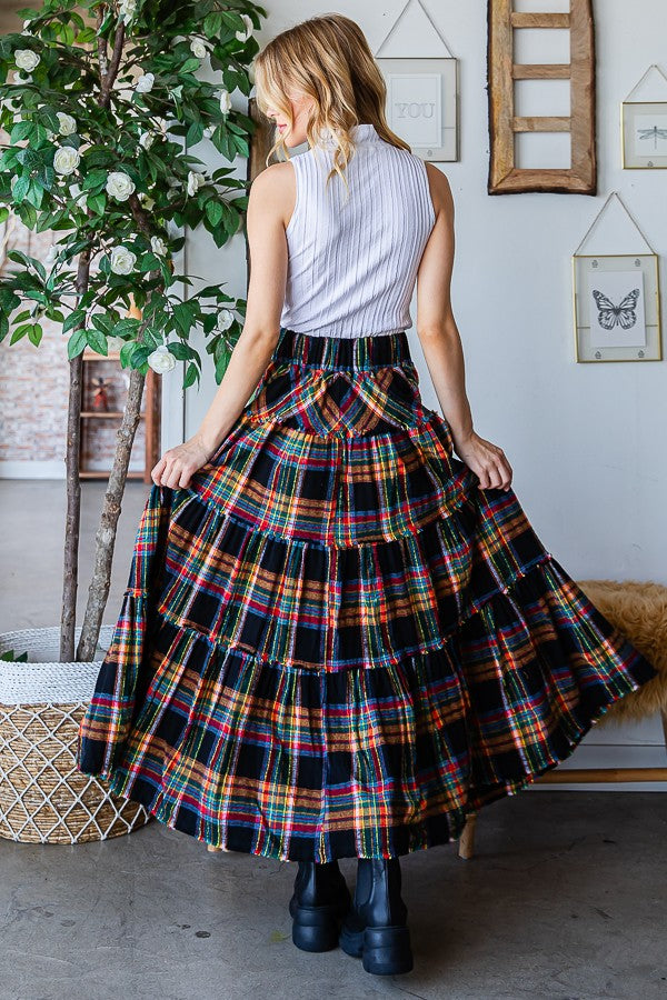 Mineral Washed Plaid Tiered Maxi Skirt
