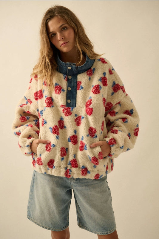Floral Fleece and Denim Half-Zip Pullover
