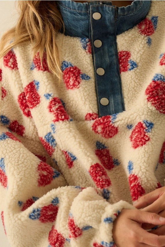 Floral Fleece and Denim Half-Zip Pullover