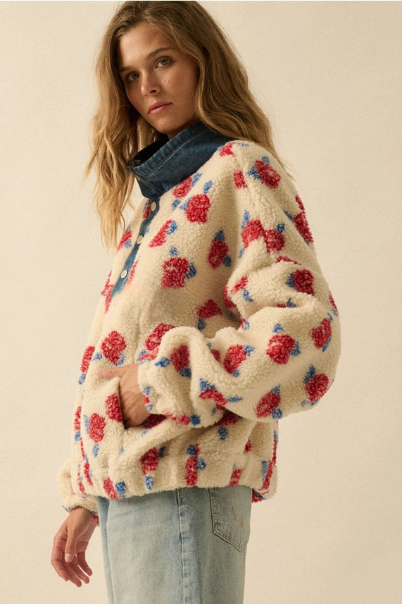Floral Fleece and Denim Half-Zip Pullover