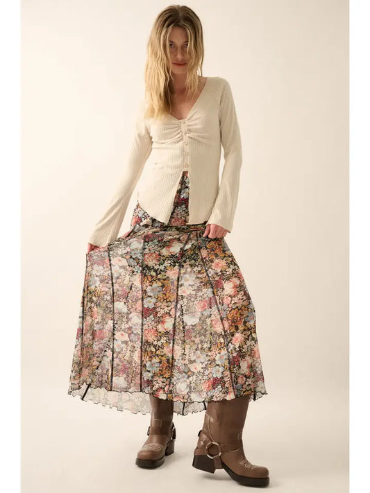 Floral Knit Inverted Seam Maxi Skirt