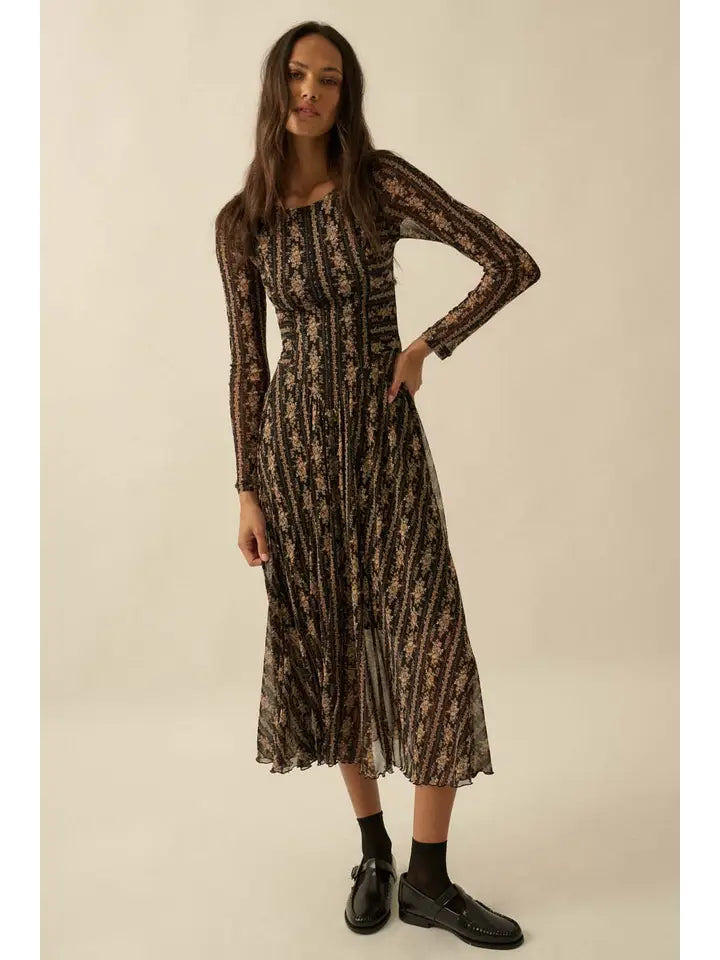 Floral Mesh Drop-Waist Long-Sleeve Midi Dress