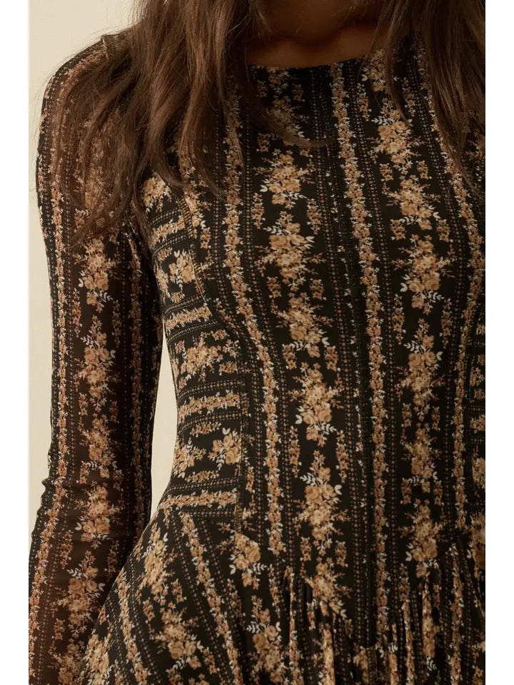 Floral Mesh Drop-Waist Long-Sleeve Midi Dress