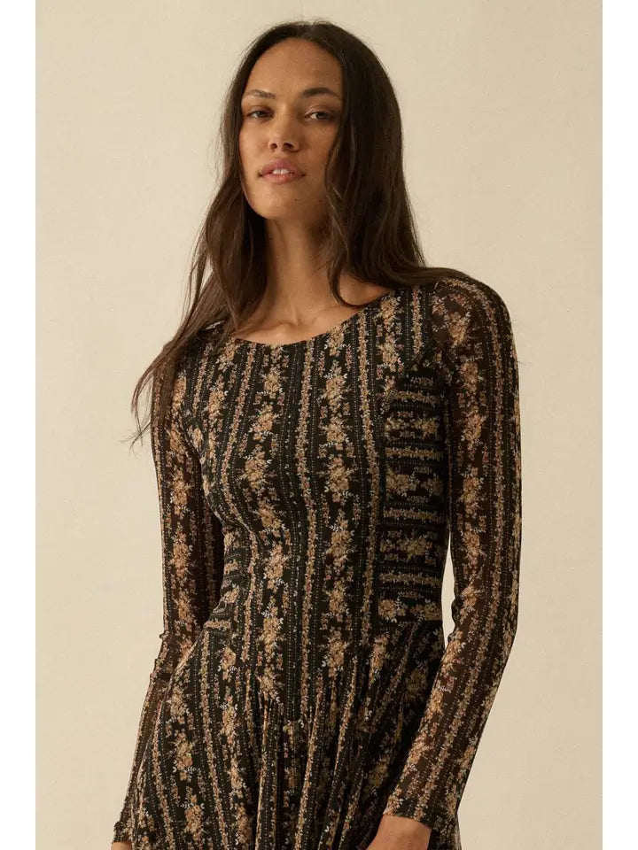 Floral Mesh Drop-Waist Long-Sleeve Midi Dress