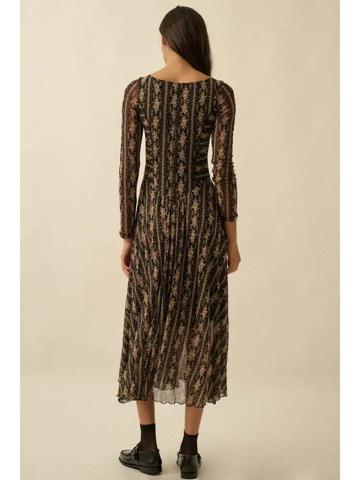 Floral Mesh Drop-Waist Long-Sleeve Midi Dress