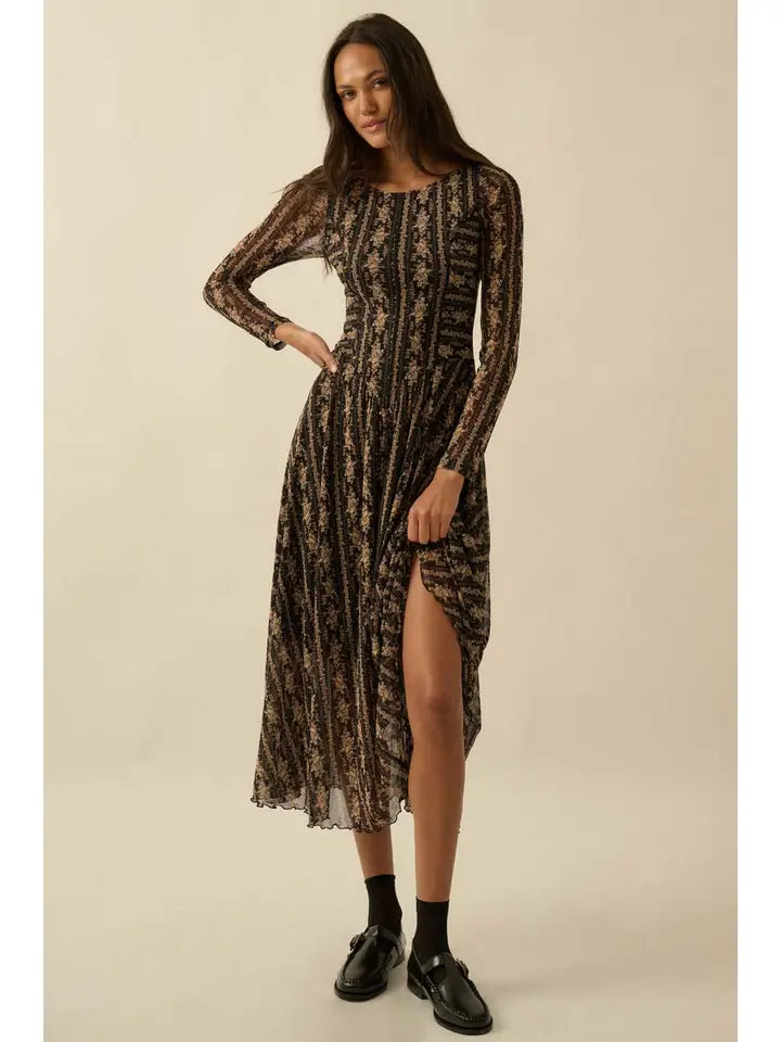 Floral Mesh Drop-Waist Long-Sleeve Midi Dress