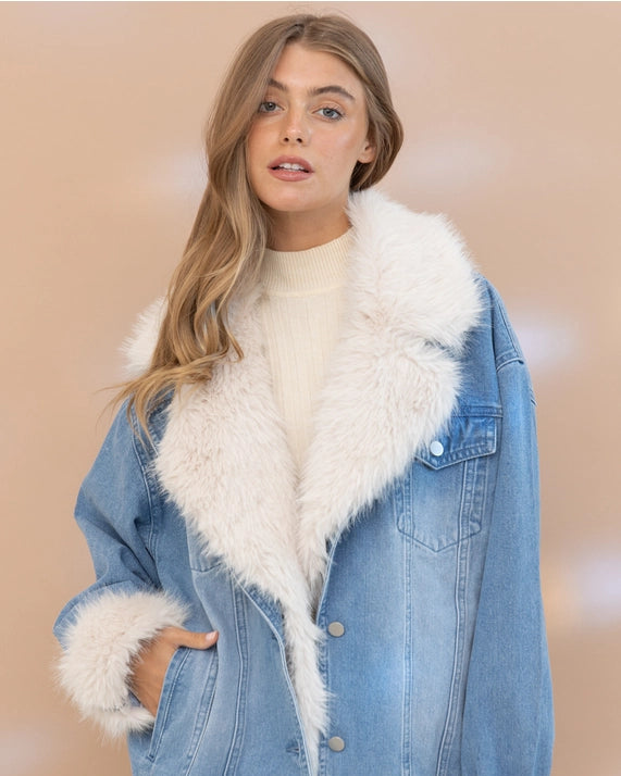 Fur Collard Cuff Over Sized Washed Denim Jacket