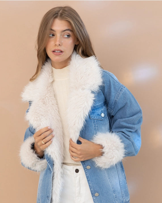 Fur Collard Cuff Over Sized Washed Denim Jacket