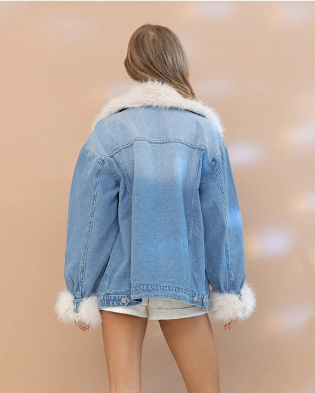Fur Collard Cuff Over Sized Washed Denim Jacket