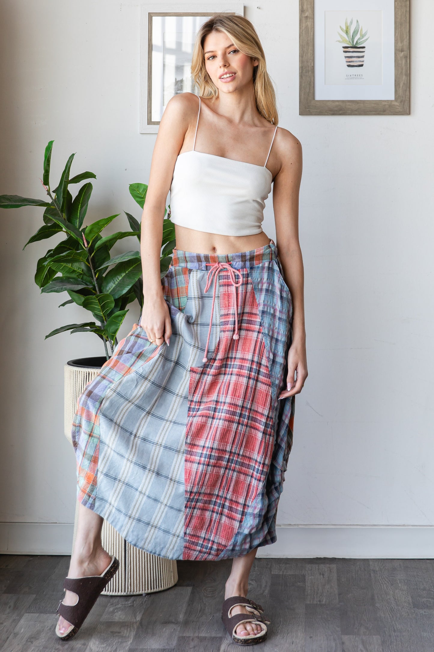 Washed Plaid Midi Bubble Skirt