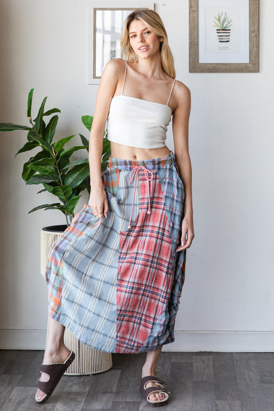 Washed Plaid Midi Bubble Skirt