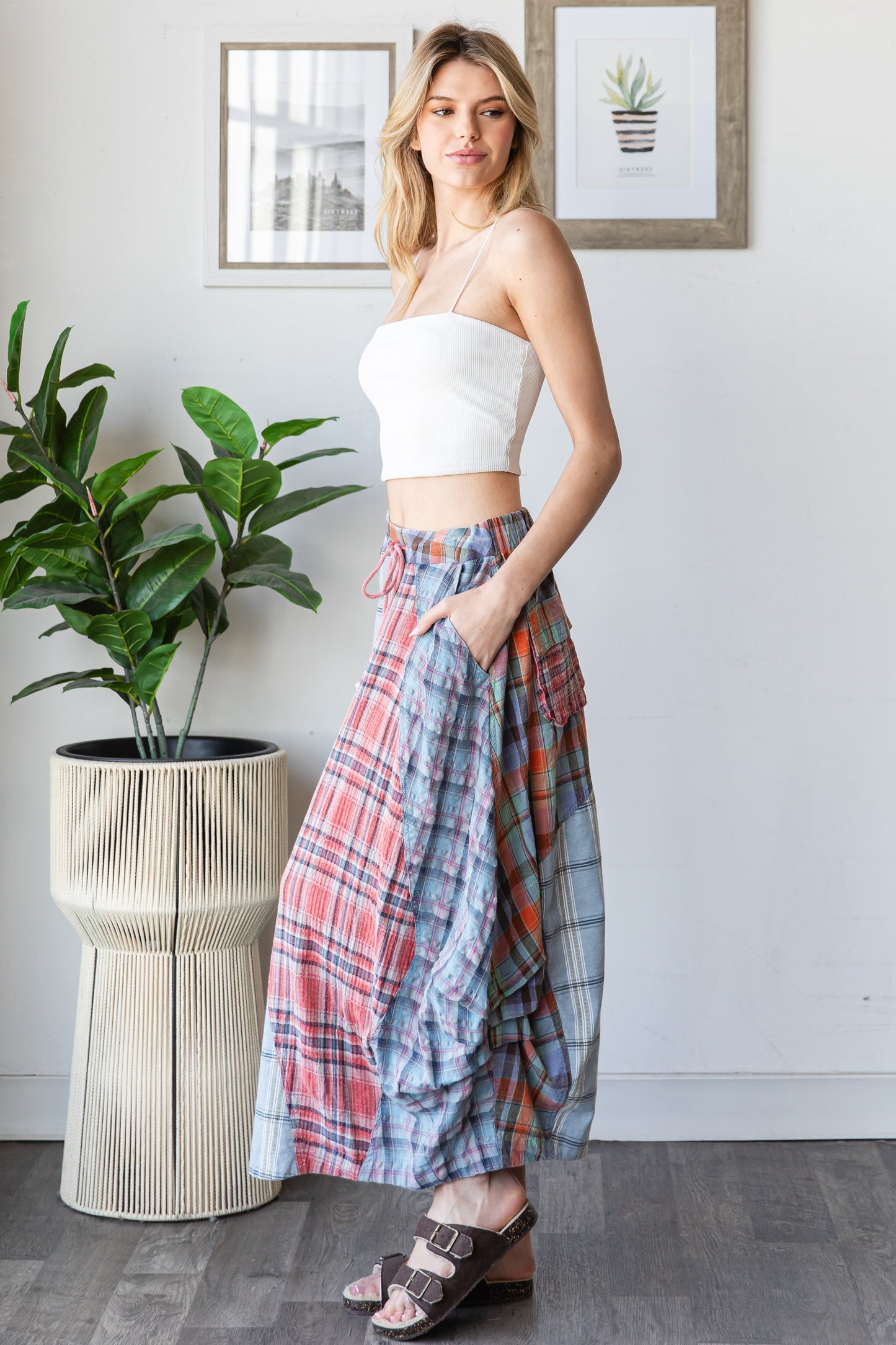 Washed Plaid Midi Bubble Skirt