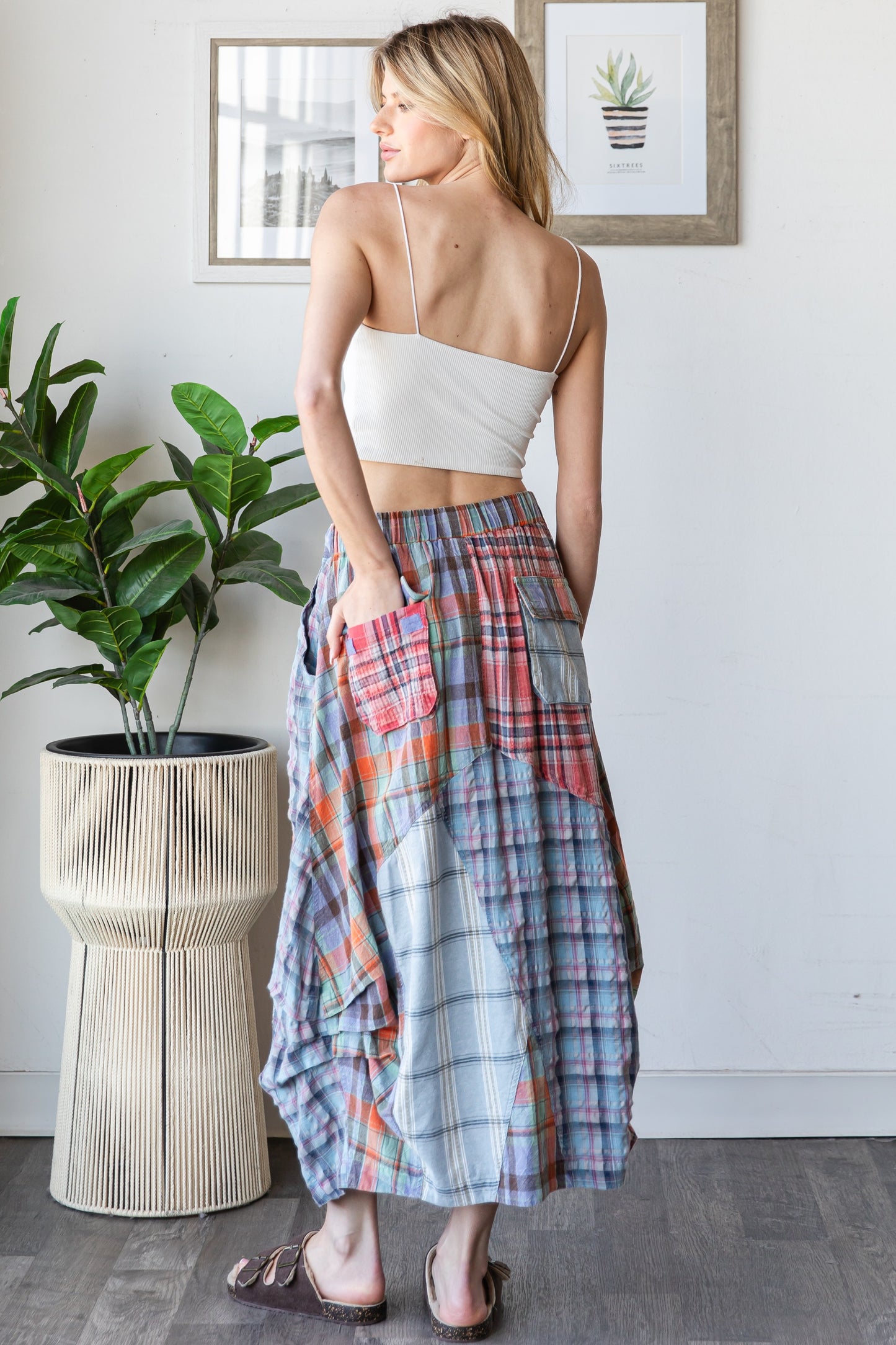 Washed Plaid Midi Bubble Skirt