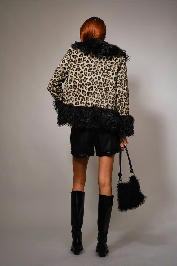 Leopard Print Faux Fur Trim Coat