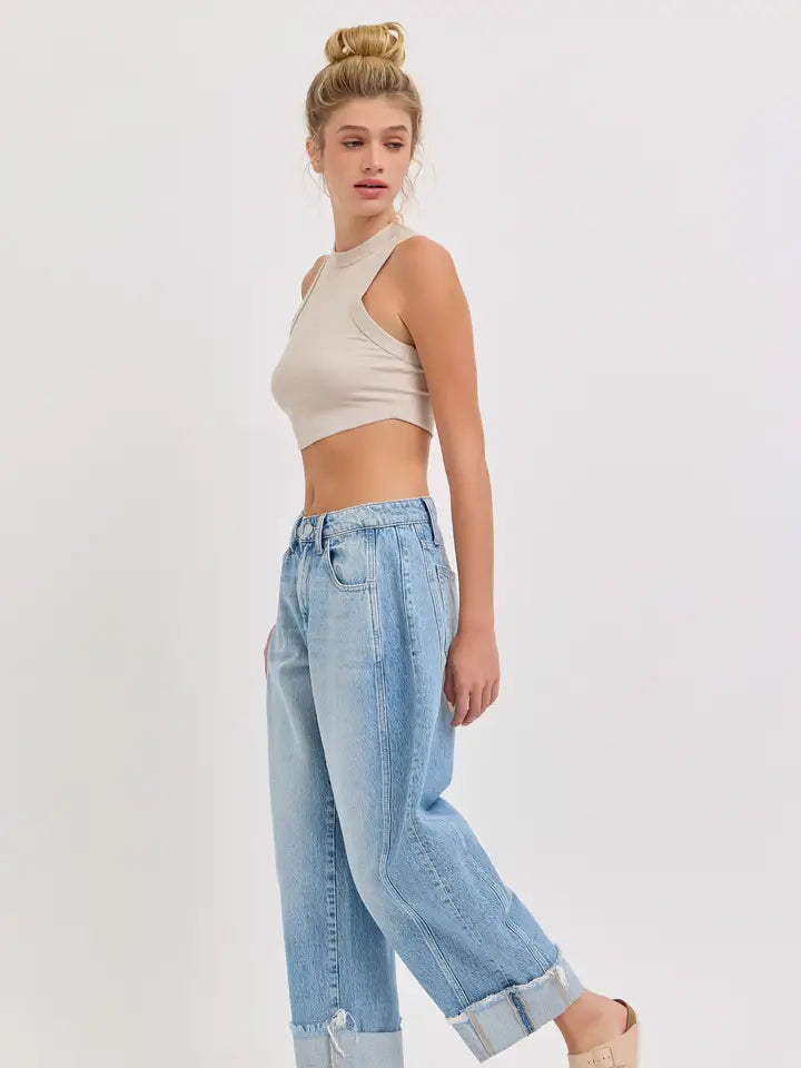 Mid Waisted Barrel Leg with Cuff (Lt. Wash)