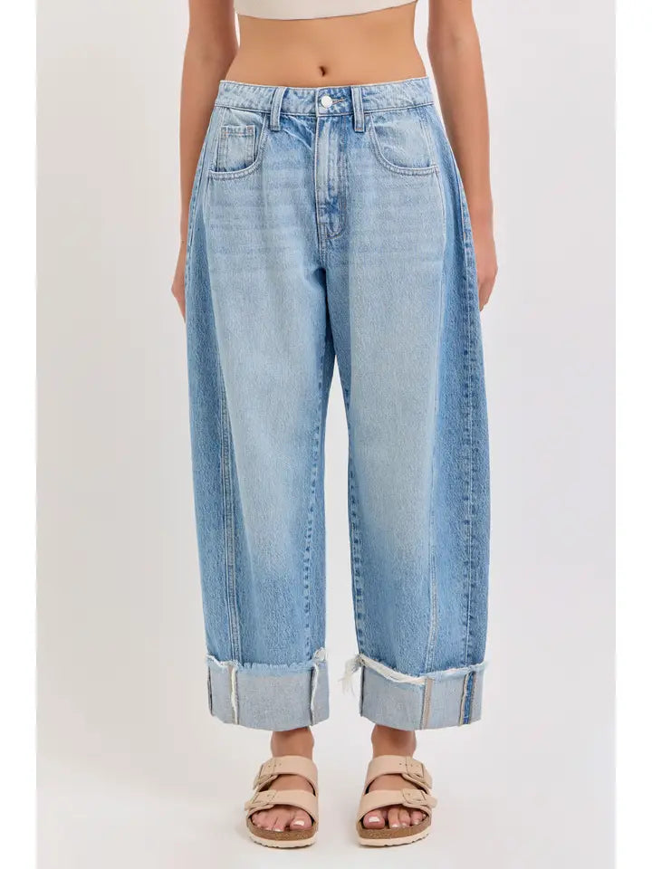 Mid Waisted Barrel Leg with Cuff (Lt. Wash)