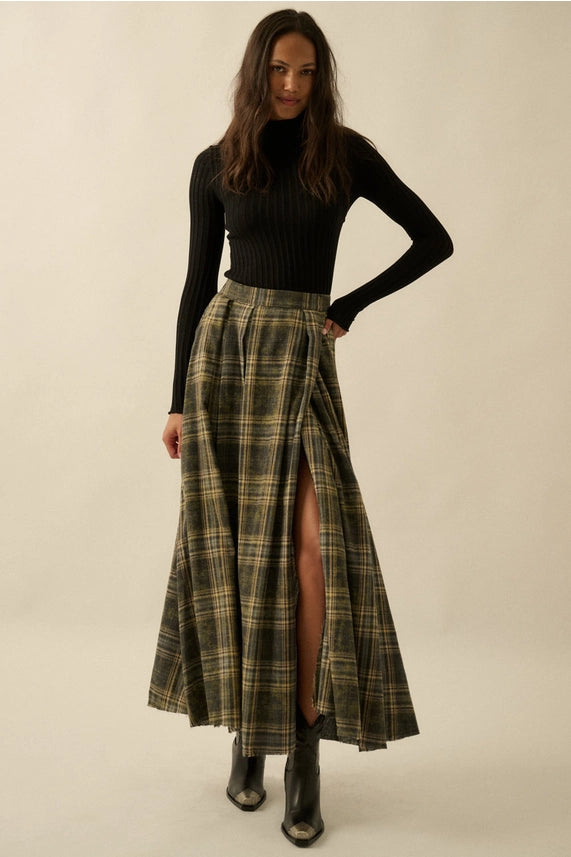 Plaid Flannel Pleated Wrapped Raw-Edge Maxi Skirt