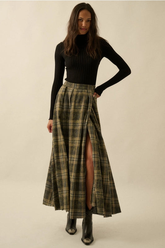 Plaid Flannel Pleated Wrapped Raw-Edge Maxi Skirt