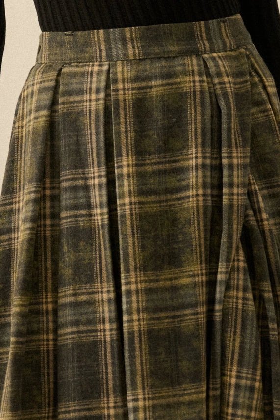 Plaid Flannel Pleated Wrapped Raw-Edge Maxi Skirt