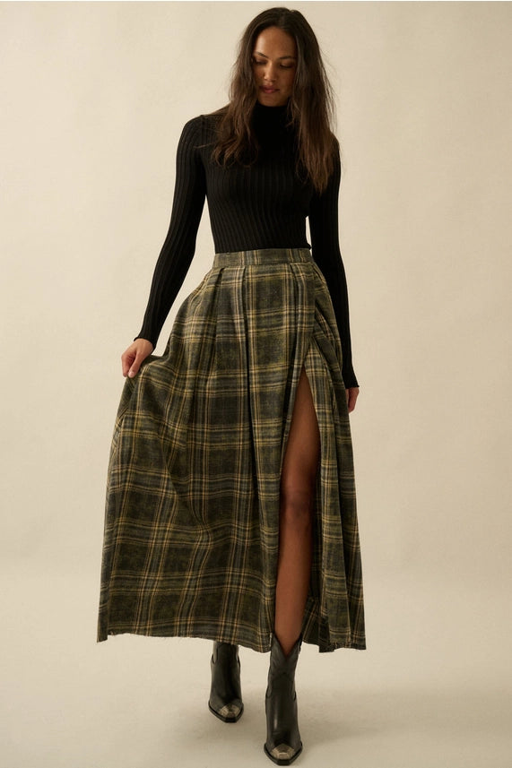 Plaid Flannel Pleated Wrapped Raw-Edge Maxi Skirt