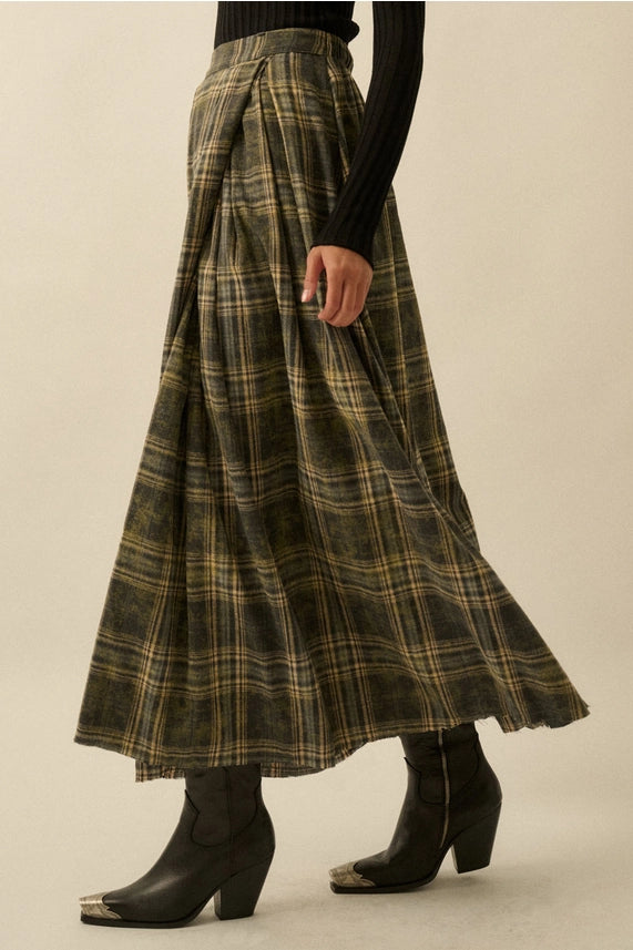 Plaid Flannel Pleated Wrapped Raw-Edge Maxi Skirt