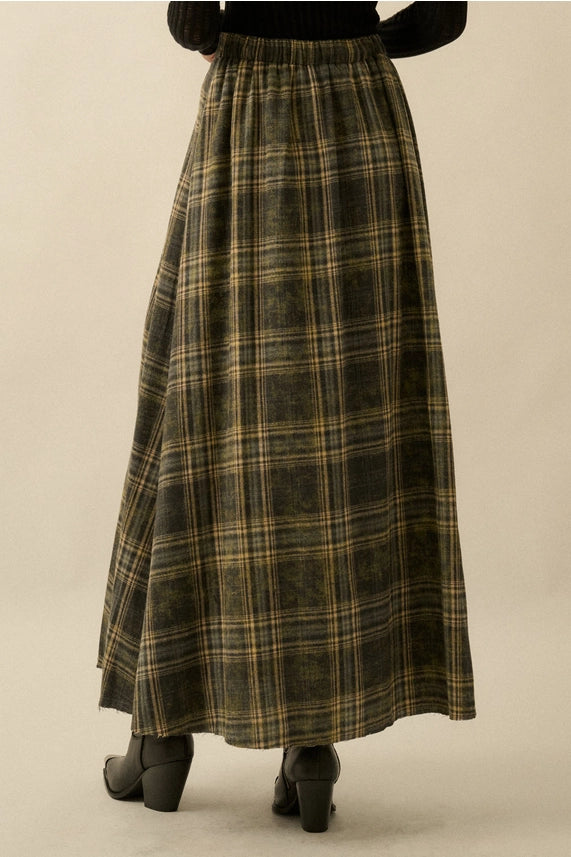 Plaid Flannel Pleated Wrapped Raw-Edge Maxi Skirt