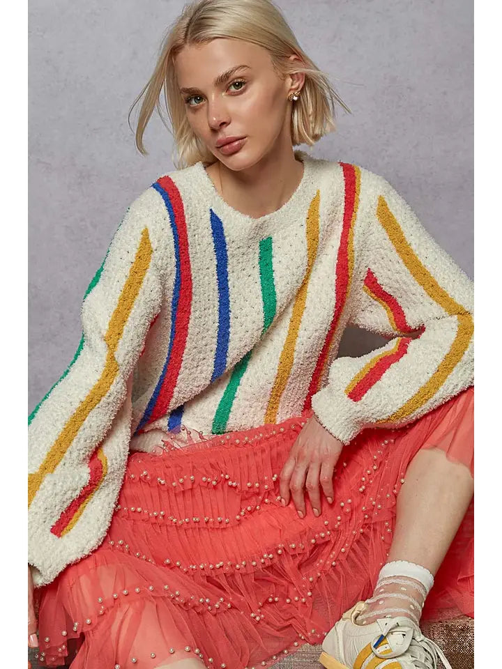Round Neck Striped Pattern Berber Sweater