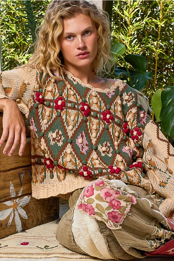 Scoop Neck Aztec Pattern 3D Floral Detail Sweater Top