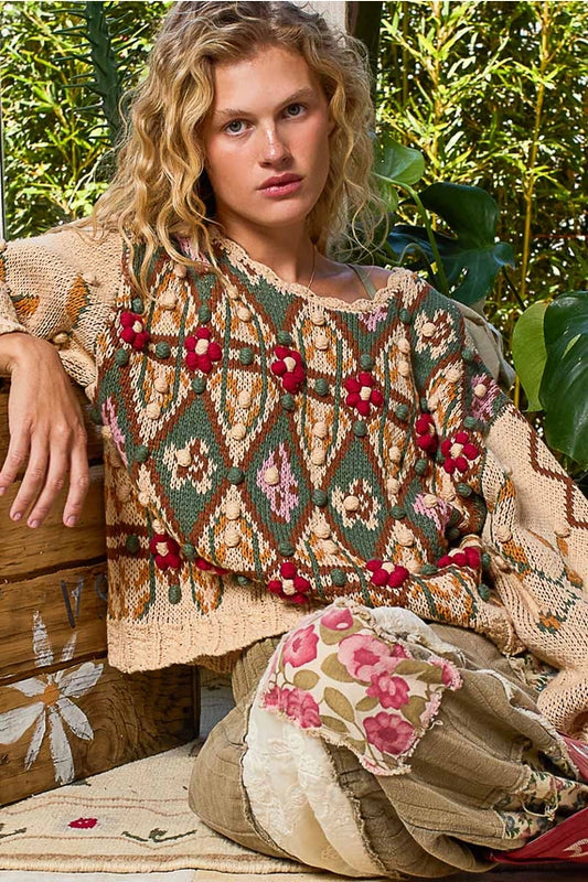 Scoop Neck Aztec Pattern 3D Floral Detail Sweater Top