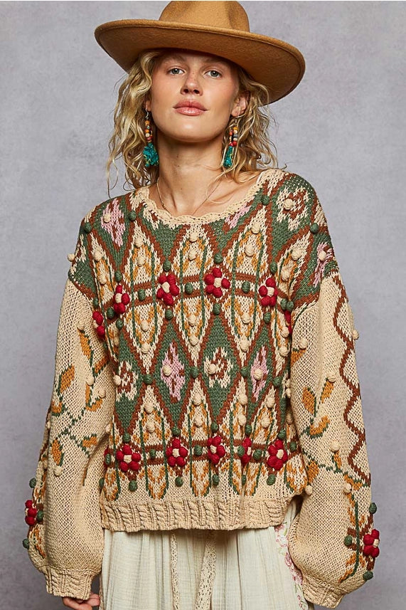Scoop Neck Aztec Pattern 3D Floral Detail Sweater Top