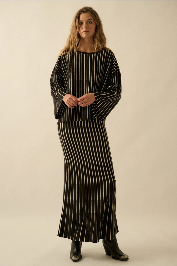 Striped Ribbed Knit Mermaid Maxi Skirt
