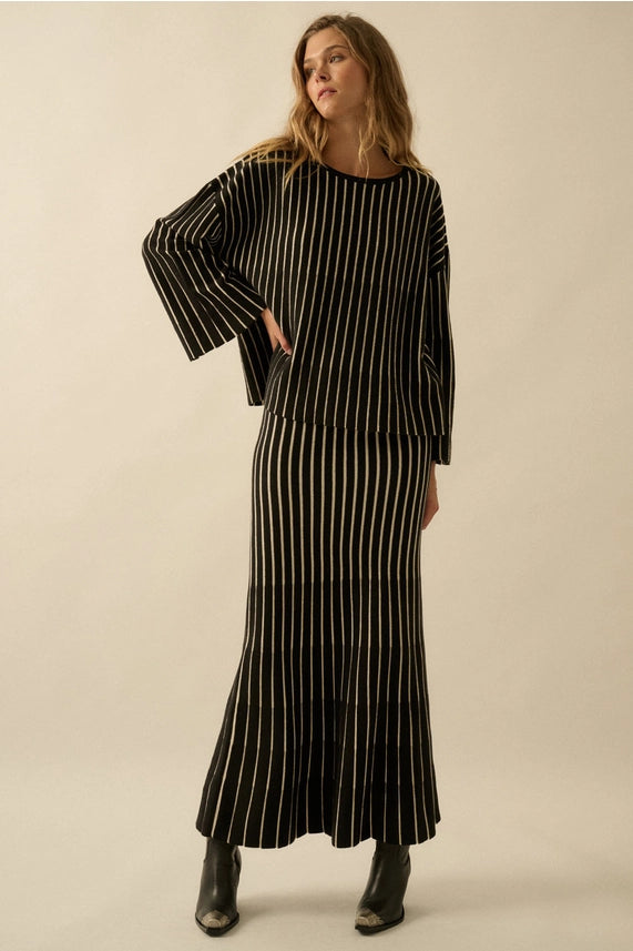 Striped Ribbed Knit Mermaid Maxi Skirt