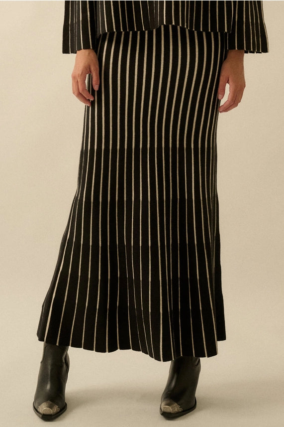 Striped Ribbed Knit Mermaid Maxi Skirt