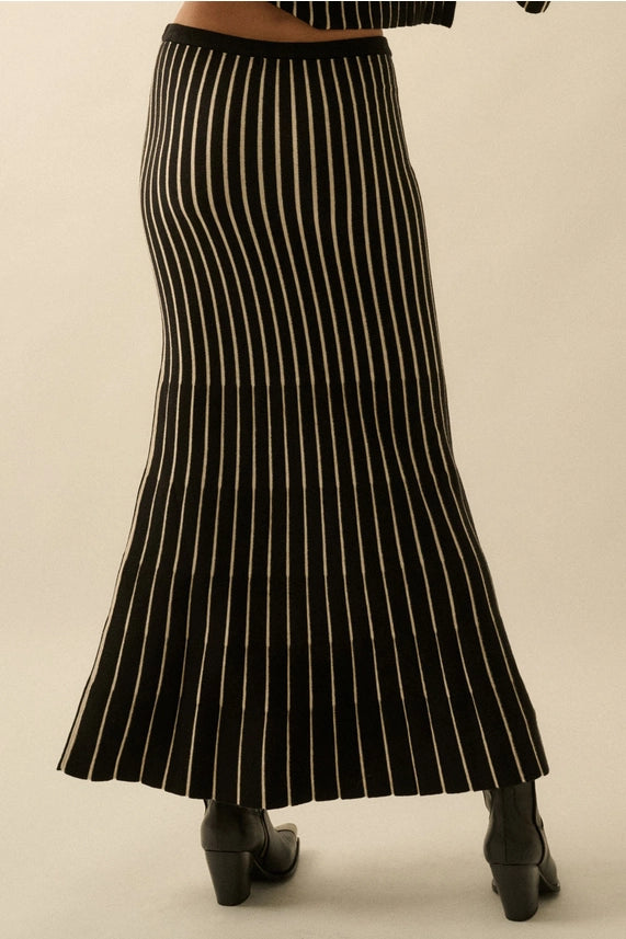 Striped Ribbed Knit Mermaid Maxi Skirt