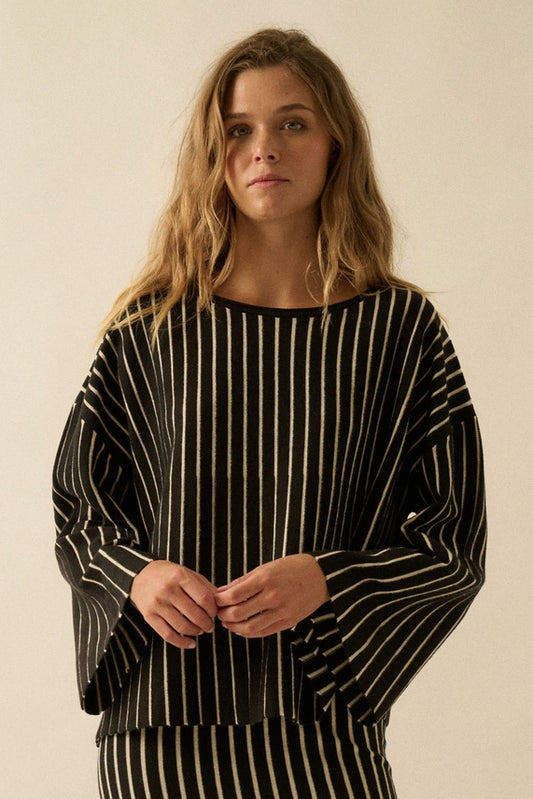 Striped Ribbed Knit Rolled-Edge Boatneck Sweater