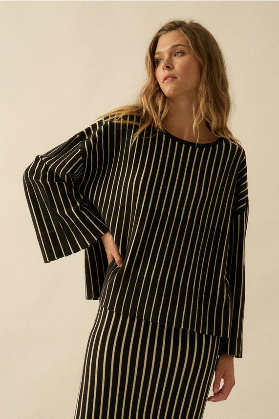 Striped Ribbed Knit Rolled-Edge Boatneck Sweater