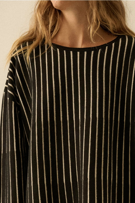 Striped Ribbed Knit Rolled-Edge Boatneck Sweater