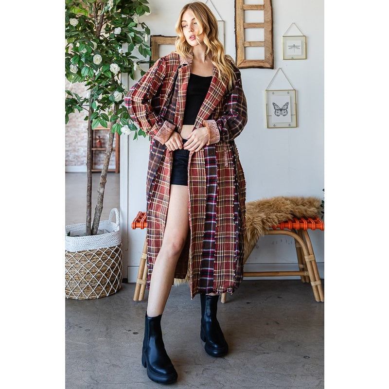 Washed Mixed Plaid Button Down Long Coat
