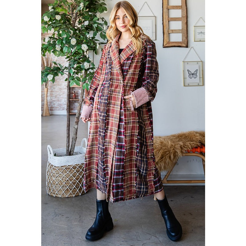 Washed Mixed Plaid Button Down Long Coat