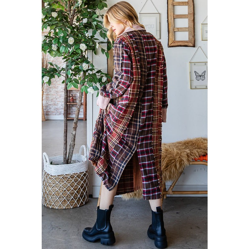 Washed Mixed Plaid Button Down Long Coat