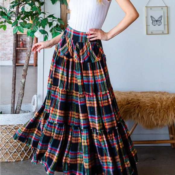 Mineral Washed Plaid Tiered Maxi Skirt